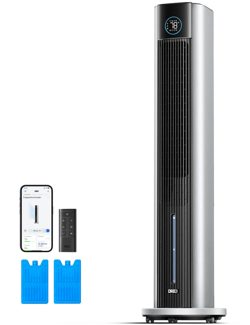 DREO Tower Fan for Bedroom, 43" Cooling Fans That Blow Cold Air 2026 Upgraded, Evaporative Air Cooler, Quiet 80° Oscillating Floor Fan, Easy Cleaning, APP Control, 4 Modes & 4 Speeds, 12H Timer, Black
